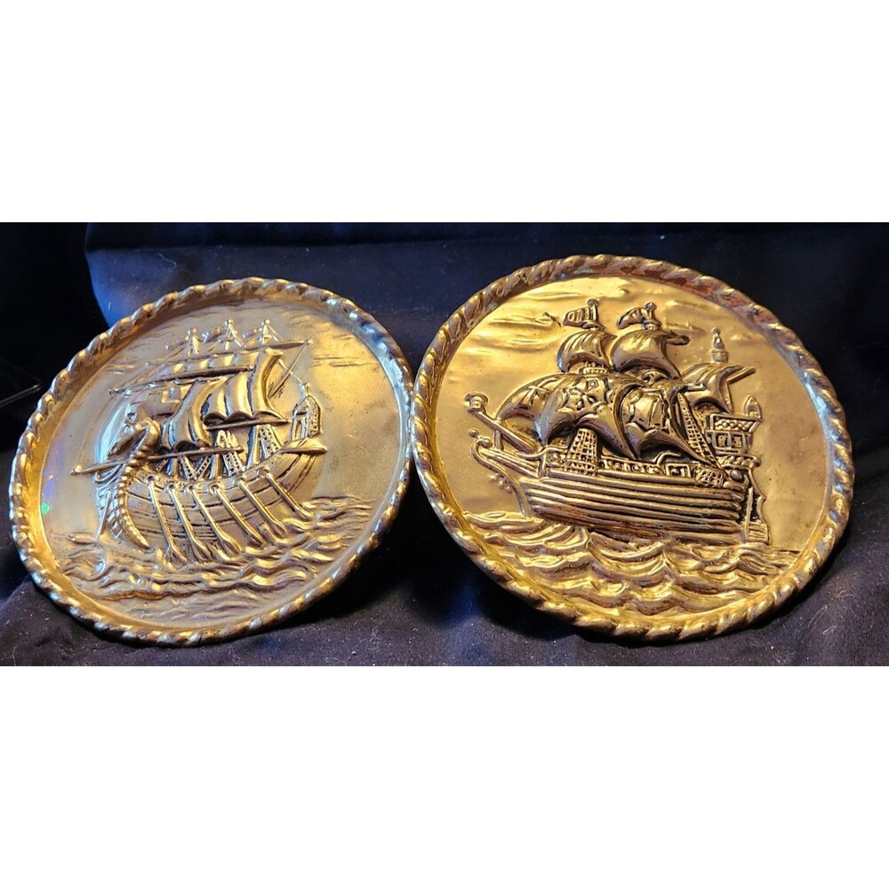 2 Vintage Embossed Brass Wall Decor w/  Sailing Ships & Seagulls 8” England - Picture 7 of 7